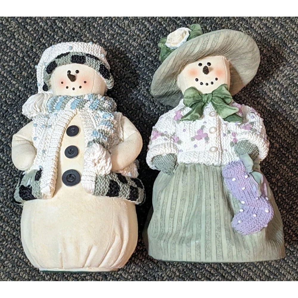 Pr Plum Pudding Snowmen 2 Candle Holder Lady & Man Snowman Artisan Flair Pastel